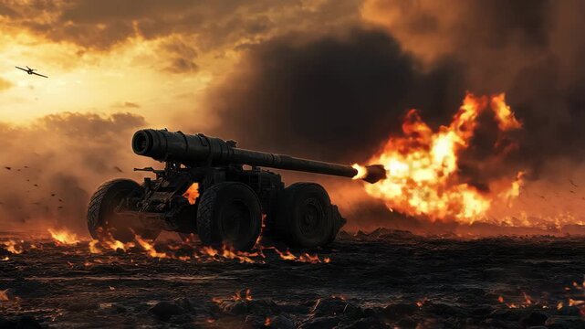 Howitzer artillery gun ablaze in a war zone amidst smoke and fire, A howitzer artillery gun on fire in a war zone after being struck by a kamikaze drone