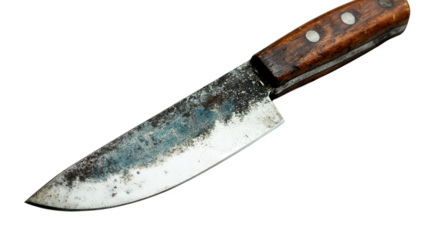 Closeup of a weathered chefs knife with a wooden handle, isolated on transparent background, showcasing its aged blade and sturdy construction for culinary tasks