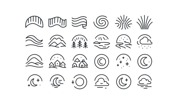 vector outline icons Northern Lights (Scenes) arc curtain wave ribbon streak spiral twist corona burst ray fan sky sweep horizon glow mountain glow forest glow lake glow river glow snow.