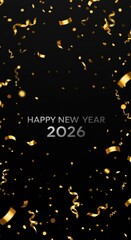Golden confetti and ribbons create a festive new year 2026 design on a black background.