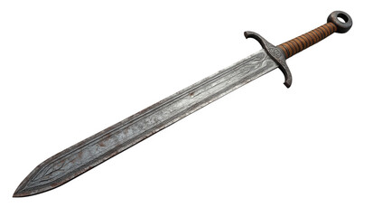 A medieval sword with a detailed blade and hilt isolated on transparent background, evoking a sense of history, power, and craftsmanship from a bygone era
