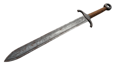 A medieval sword with a detailed blade and hilt isolated on transparent background, evoking a sense of history, power, and craftsmanship from a bygone era