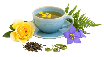 Isolated blue teacup with petals, tea, rose, fern, and blue flowers on a bright setting