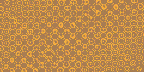 Abstract geometric pattern of overlapping circles and squares in shades of brown.