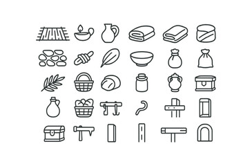 Naklejka premium vector outline icons Nativity (Items) straw mat clay lamp oil jar wood bench stone floor rope tie cloth wrap blanket roll palm branch reed basket clay bowl grain sack water skin bread.
