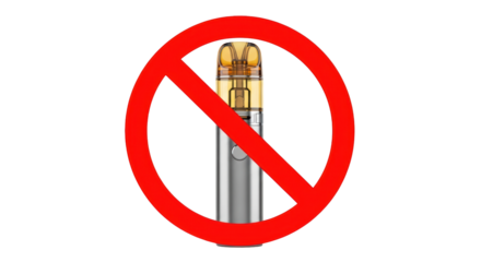 Isolated vaping device in a circle with a line drawn through it, symbolizing restriction