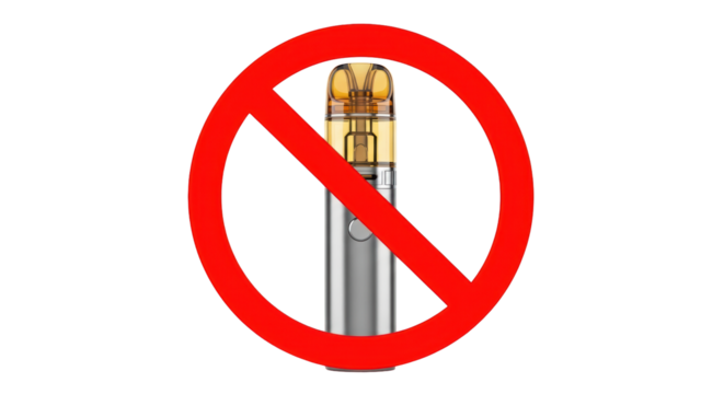 Isolated vaping device in a circle with a line drawn through it, symbolizing restriction - Powered by Adobe