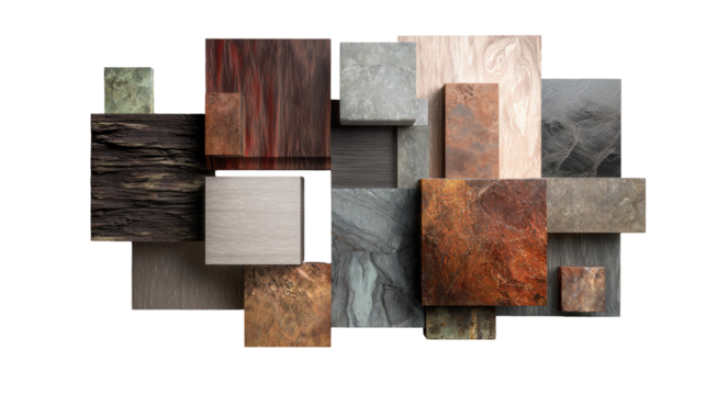 Collection of assorted stone and wood textures in geometric shapes