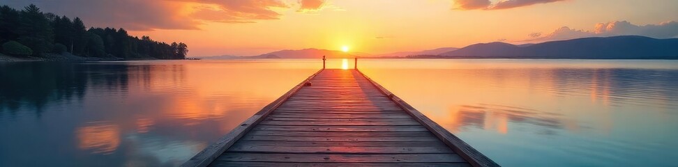 Tranquil scene of a wooden dock extending into calm water, meeting a serene shoreline at sunset Perfect for travel, nature, and relaxation themes , ocean, sea