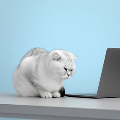 Cat works at laptop on work desk. On plain bright background. Space for text.