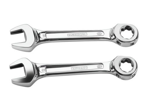 Two chrome wrenches isolated on transparent background, showcasing their openend and boxend designs, essential tools for gripping and turning nuts and bolts in mechanical tasks