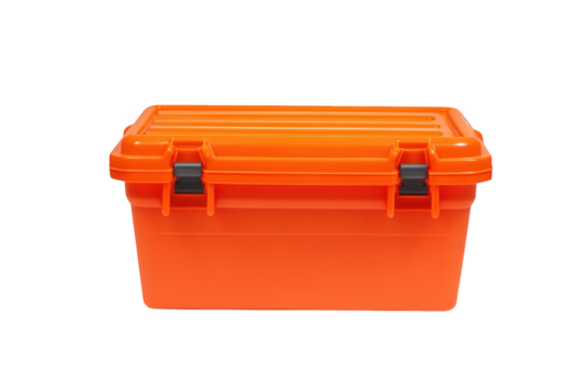 Orange plastic toolbox isolated on transparent background a durable and weatherproof storage solution for tools, equipment, and supplies, perfect for organization