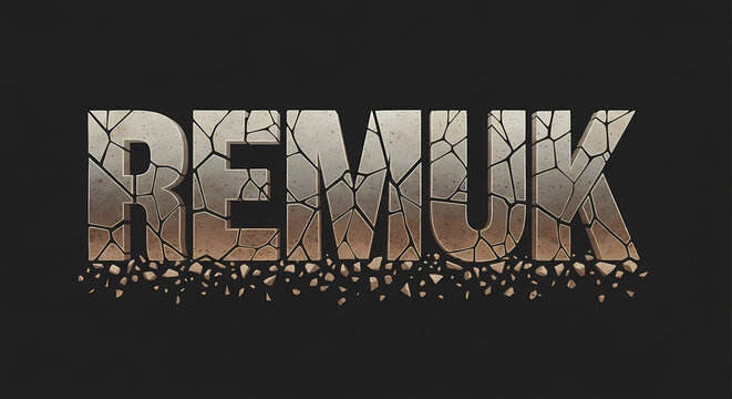 Bold, metallic letters spelling "REMUK" are cracked and crumbling, with debris falling from their base against a dark background.