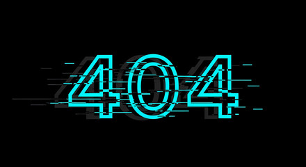 Glitched neon blue "404" error message displayed prominently against a dark, abstract background with digital distortion effects.