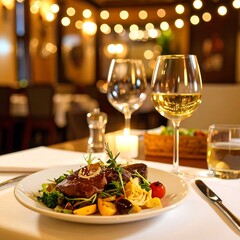 Gourmet meal with wine