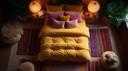 Bedroom with a large bed in the center. the bed is covered with a bright yellow comforter and several colorful pillows in shades of pink, purple, and yellow.