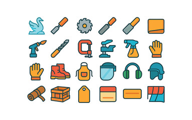 colorful flat vector icons Ice Sculptures (Decorations) chisel set saw blade rasp file sand pad torch head drill bit clamp pair vise base water spray polish cloth glove pair boot pair apron.