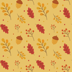 Fototapeta premium Decorative fall background with oak leaves acorns and red berries in hand drawn style
