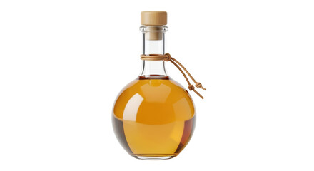 Isolated small bottle filled with golden liquid, cork stopper and tied with leather string