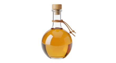 Isolated small bottle filled with golden liquid, cork stopper and tied with leather string