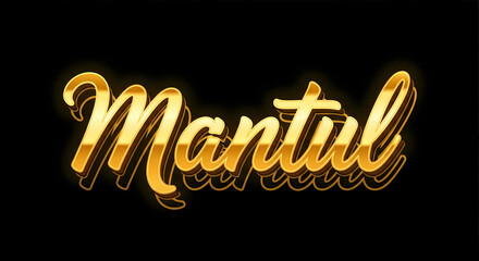 Golden, glossy, stylized text "Mantul" with a glowing effect against a dark background, suggesting a brand or title.