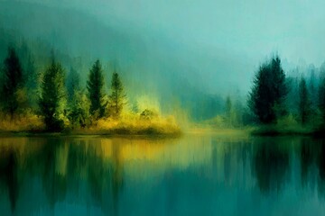 Fototapeta premium Serene Reflections of Nature at Twilight With a Blend of Green Hues Generative AI