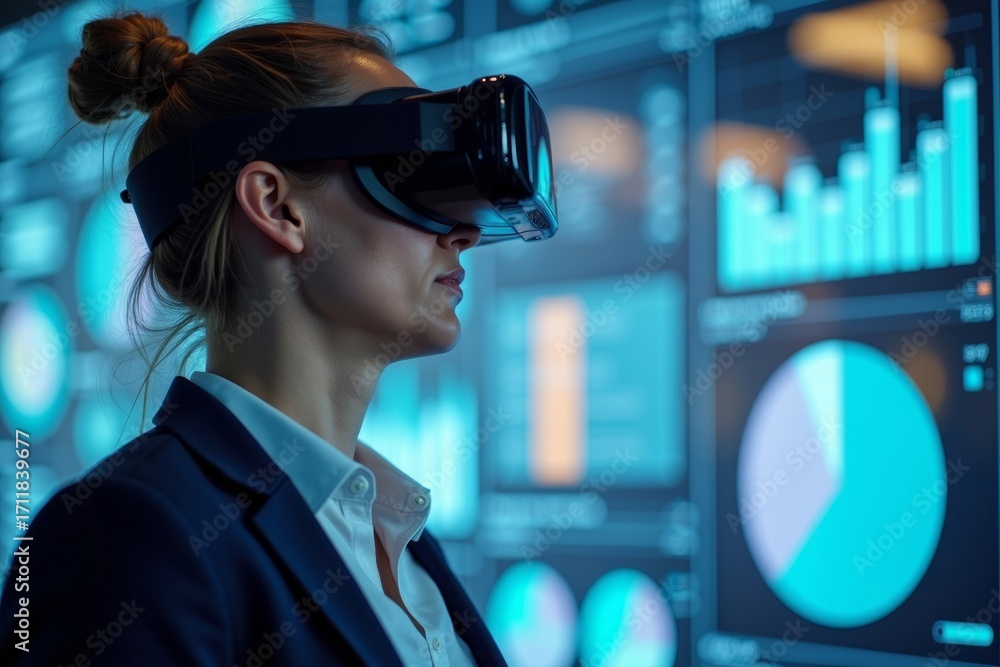 Poster professional accountant utilizing virtual reality goggles for digital invoice and tax document navig