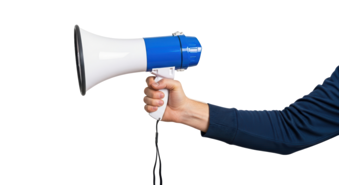 Isolated Hand Holding a Blue and White Megaphone Promoting Message for Loud Announcement