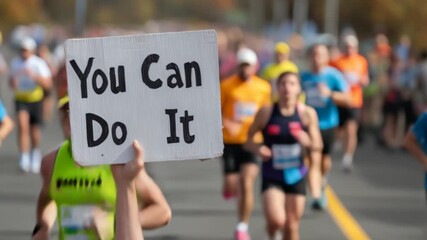 Supportive hand holding motivational sign during marathon with runners in the background
