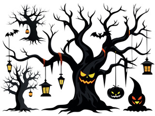 Spooky haunted trees and halloween lanterns vector illustration for festive designs