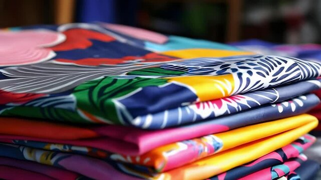 A stack of folded colorful shirts with tropical floral patterns.