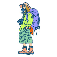 Modern Line Art Young Man with Backpack Traveling Illustration