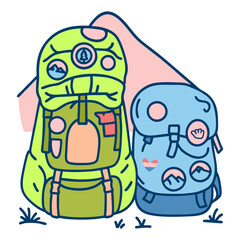 Colorful Outline Hiking Backpack with Mountain Landscape Illustration