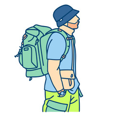 Minimalist Line Art Tourist with Backpack Illustration Character Design