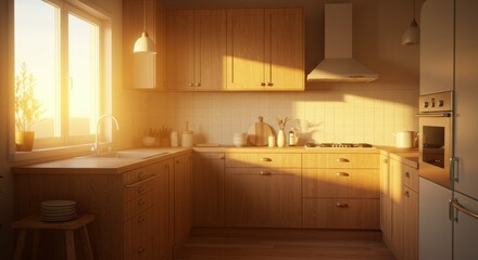 Fototapeta premium Warm Sunny Kitchen Interior with Wooden Cabinets and Window Light.