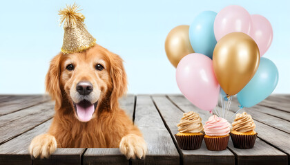 Golden retriever wearing a birthday hat with balloons and cupcakes, suitable for celebration, party, and pet-themed designs
