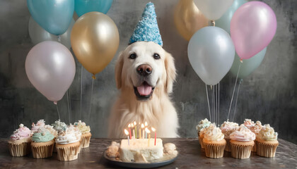 Golden retriever wearing a birthday hat with balloons and cupcakes, suitable for celebration, party, and pet-themed designs

