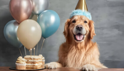 Golden retriever wearing a birthday hat with balloons and cupcakes, suitable for celebration, party, and pet-themed designs
