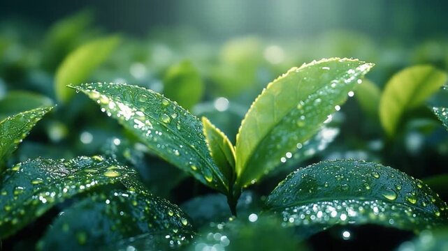 Leafs and Dew: The macro view shows fresh green tea leaves are covered with dews with soft light in nature. A tranquil scene, this photo is a celebration of nature's artistry and tranquility.