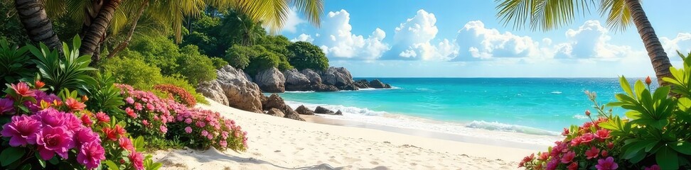 A tranquil beach garden oasis, featuring vibrant flowers, lush greenery, and soft sand, gently kissed by the ocean breeze Perfect for relaxation and serenity , paradise, path