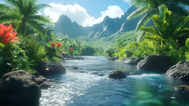 Serene River Flowing Through Lush Tropical Paradise