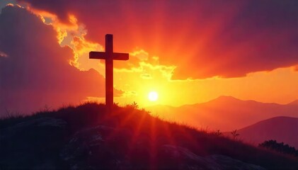 A symbolic depiction of Christian salvation; a cross silhouetted against a vibrant sunrise, representing hope, redemption, and new beginnings , silhouette, love, prayer