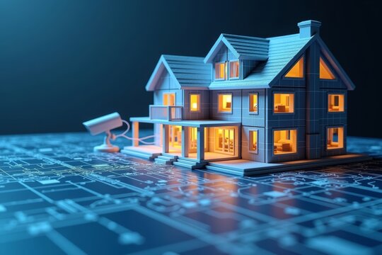 Visualization of a CCTV Camera System Blueprint Integrated into a 3D Model of a Contemporary Home, with Blueprint Lines Morphing into Camera Wires