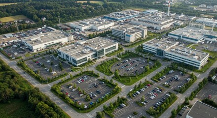 Fototapeta premium Elevated perspective of industrial park showcasing contemporary architecture and greenery