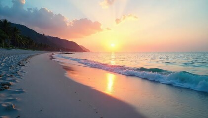 Fototapeta premium A tranquil, empty beach at dawn Soft light illuminates the still ocean, creating a serene and peaceful atmosphere Perfect for relaxation and meditation themes , light, shoreline