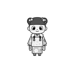 A monochrome hand-drawn illustration of a young girl in a Hifu Kimono, ideal for Shichi-Go-San celebration, New Year’s materials, and cultural design projects.