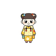 A hand-drawn illustration of a young girl wearing a traditional Hifu Kimono, perfect for Shichi-Go-San celebration, Japanese New Year, and other festive events.
