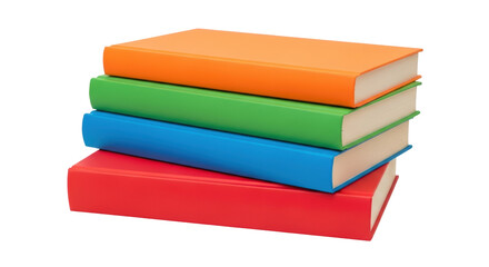 Isolated stack of colorful hardcover books orange green blue and red with no background
