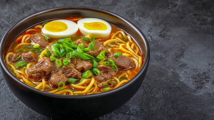 A bowl of piping hot beef ramen, rich with broth, golden noodles, tender beef chunks, a halved boiled egg, and fresh green onions on a dark background