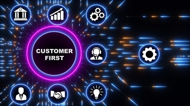 Customer First business concept.Circuit board with Technology background